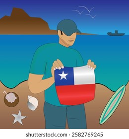 Experience Chilean coastal serenity with a touch of national pride. Stunning beachscape featuring the Chile flag, coconut, seashells, starfish, surfboard, ship, and distant mountains