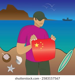 Experience Chinese coastal serenity with a touch of national pride. Stunning beachscape featuring the China flag, coconut, seashells, starfish, surfboard, ship, and distant mountains