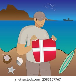 Experience Danish Realm coastal serenity with a touch of national pride. Stunning beachscape featuring the Denmark flag, coconut, seashells, starfish, surfboard, ship, and distant mountains