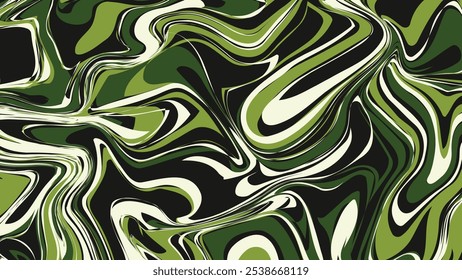 Experimente el flujo dinámico de las ondas verdes, negras y blancas en este diseño de camuflaje abstracto. Ideal para el arte contemporáneo y la moda.