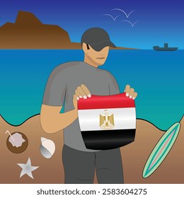 Experience Egyptian coastal serenity with a touch of national pride. Stunning beachscape featuring the Egypt flag, coconut, seashells, starfish, surfboard, ship, and distant mountains