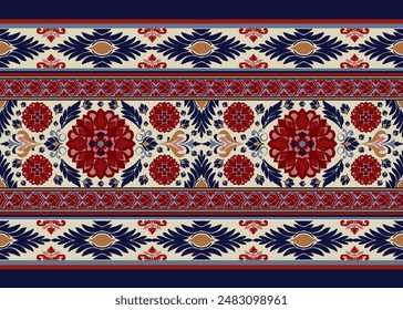 Experience the elegance of this ornate damask floral pattern, featuring vibrant red flowers and intricate blue leaves against a creamy background. Classic Damask Seamless Pattern - Vector