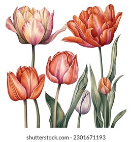 Experience the enchanting allure of watercolor tulips with this captivating set. Each bloom is meticulously painted in vibrant hues, showcasing the delicate beauty of these beloved flowers. 