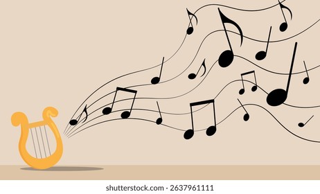 Experience the enchanting sound of music brought to life with this elegant vector graphic. A beautifully rendered golden harp (or lyre) radiates a stream of classic black music notes