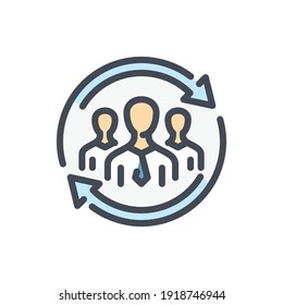 Experimente el intercambio y cambie el icono de la línea de color del personal. Grupo de personas con flechas de cambio contorno vectorial señal colorida.