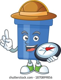 Experience explorer of blue sand bucket cartoon character style using compass. Vector illustration