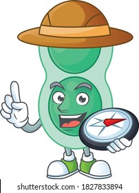 Experience explorer of green streptococcus pneumoniae cartoon character style using compass. Vector illustration