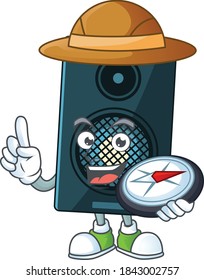 Experimente el explorador del estilo del personaje de dibujos animados del sistema de sonido usando brújula. Ilustración del vector