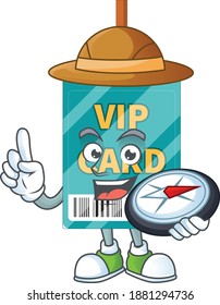 Experience explorer of VIP pass card cartoon character style using compass. Vector illustration