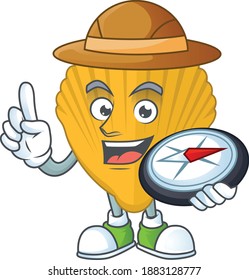Experience explorer of yellow clamp cartoon character style using compass. Vector illustration