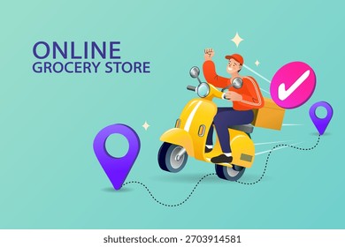 Experimente um serviço rápido com esta faixa de mercearia online. Um feliz entregador monta uma scooter amarela ao longo de uma rota GPS, celebrando um pedido de envio bem-sucedido com uma marca de verificação.