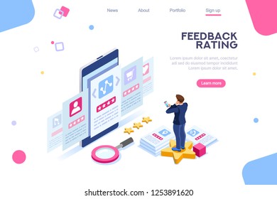 Experience, feedback to approve stars. Infographics of measurement, mark review of vote. Opinion, user choice, rating. Web banner images flat isometric vector illustration isolated on white background