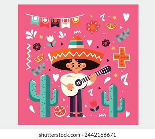 Experience the festive spirit of Cinco de Mayo with this vibrant illustration of a boy playing the guitar at a colorful festival. Celebrate the rich culture and traditions of this Mexican holiday