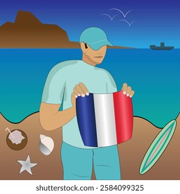 Experience French coastal serenity with a touch of national pride. Stunning beachscape featuring the France flag, coconut, seashells, starfish, surfboard, ship, and distant mountains