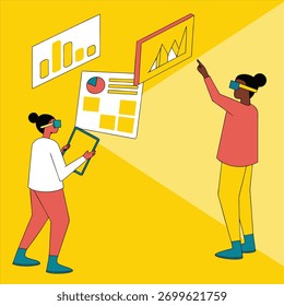 Experience the future of business analytics! Two professionals utilize VR to explore data insights in a dynamic and collaborative environment. Modern innovation at its best.