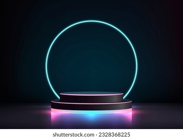 Experience the future with this futuristic 3D light podium stand decoration featuring a captivating blue neon glow. This vector illustrator technology concept showcases modernity and creativity