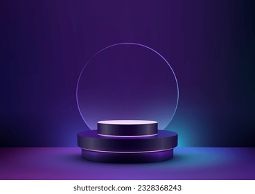 Erleben Sie die Zukunft mit diesem futuristischen 3D-Podium-Treppenhaus mit lebhaften Neonfarben auf dunkelblauem Hintergrund. Entdecken Sie das Cybertechnologiekonzept, das in dieser modernen Technik zum Leben erweckt wird