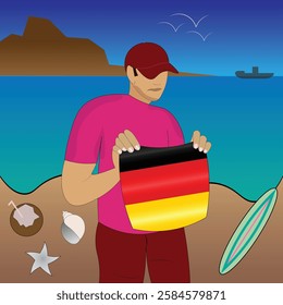 Experience German coastal serenity with a touch of national pride. Stunning beachscape featuring the Germany flag, coconut, seashells, starfish, surfboard, ship, and distant mountains