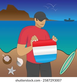 Experience Grand Duchy coastal serenity with a touch of national pride. Stunning beachscape featuring the Luxembourg flag, coconut, seashells, starfish, surfboard, ship, and distant mountains