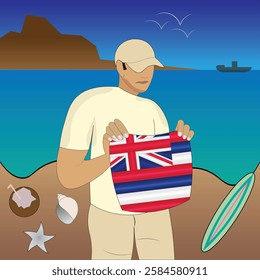 Experience Hawaiian coastal serenity with a touch of national pride. Stunning beachscape featuring the Hawaii flag, coconut, seashells, starfish, surfboard, ship, and distant mountains