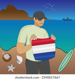 Experience Holland coastal serenity with a touch of national pride. Stunning beachscape featuring the Netherlands flag, coconut, seashells, starfish, surfboard, ship, and distant mountains