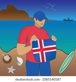 Experience Icelandic coastal serenity with a touch of national pride. Stunning beachscape featuring the Iceland flag, coconut, seashells, starfish, surfboard, ship, and distant mountains