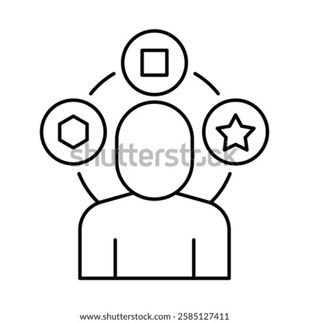 Experience icon. Person Icon with Multiple Stars Representing Knowledge, Skill Development, and Expertise Gained Over Time in Various Fields. Vector illustration.