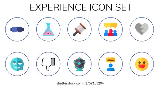 experience icon set. 10 flat experience icons. Included ar glasses, happy, experiment, dislike, cabasa, ar camera, testimonials, review icons