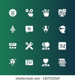 experience icon set. Collection of 16 filled experience icons included Feedback, Mental health, CRM, Hologram, Experience, Skills, Satisfaction, Vr glasses, Curriculum, Testimonial