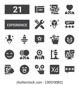 experience icon set. Collection of 21 filled experience icons included Review, Experience, Feedback, Emotion, Testimonial, Experiment, Cognitive, Mental health, Happy, Usability