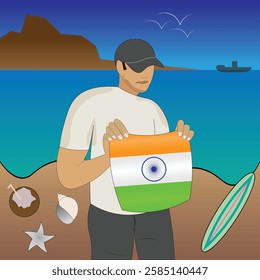 Experience Indian coastal serenity with a touch of national pride. Stunning beachscape featuring the India flag, coconut, seashells, starfish, surfboard, ship, and distant mountains