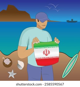 Experience Irani coastal serenity with a touch of national pride. Stunning beachscape featuring the Iran flag, coconut, seashells, starfish, surfboard, ship, and distant mountains