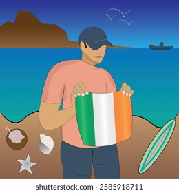 Experience Irish coastal serenity with a touch of national pride. Stunning beachscape featuring the Ireland flag, coconut, seashells, starfish, surfboard, ship, and distant mountains