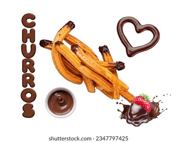 Experience the irresistible delight of chocolate-coated churros! Savor every crispy, sweet bite, with the word "churros" written in delightful chocolate writing on the right. At the heart of this indu