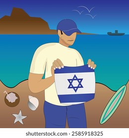 Experience Israeli coastal serenity with a touch of national pride. Stunning beachscape featuring the Israel flag, coconut, seashells, starfish, surfboard, ship, and distant mountains