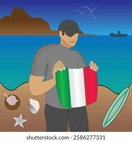 Experience Italian coastal serenity with a touch of national pride. Stunning beachscape featuring the Italy flag, coconut, seashells, starfish, surfboard, ship, and distant mountains