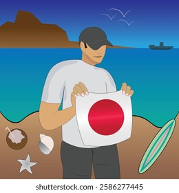 Experience Japanese coastal serenity with a touch of national pride. Stunning beachscape featuring the Japan flag, coconut, seashells, starfish, surfboard, ship, and distant mountains