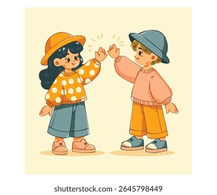 Experience the joy and camaraderie of a high five with this delightful cartoon boy and girl illustration. Perfect for adding a touch of fun and spirit to your projects.