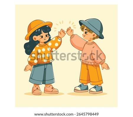 Experience the joy and camaraderie of a high five with this delightful cartoon boy and girl illustration. Perfect for adding a touch of fun and spirit to your projects.