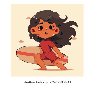Experience the joy of summer holidays at the beach with this cartoon girl happily holding a surfboard. Find out how to embrace the carefree spirit of the season in this fun and vibrant illustration.