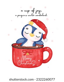 Experience the joy of winter with this adorable Christmas penguin illustration. Relaxing in a cozy hot chocolate mug, surrounded by snowing cartoon watercolour. Perfect for festive designs.