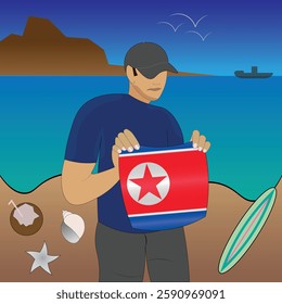 Experience Korean coastal serenity with a touch of national pride. Stunning beachscape featuring the North Korea flag, coconut, seashells, starfish, surfboard, ship, and distant mountains