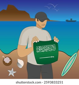 Experience KSA coastal serenity with a touch of national pride. Stunning beachscape featuring the Saudi Arabia flag, coconut, seashells, starfish, surfboard, ship, and distant mountains