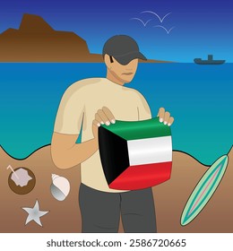 Experience Kuwaiti coastal serenity with a touch of national pride. Stunning beachscape featuring the Kuwait flag, coconut, seashells, starfish, surfboard, ship, and distant mountains