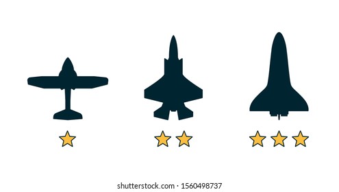 Experience level classification, grade category icons. Airplane, aircraft silhouettes. Job, work, education skills levels. Basic, medium advanced, expert symbols. Flat vector illustration