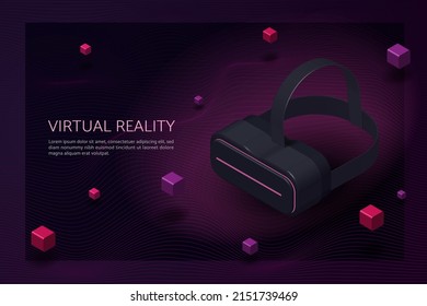 Experience limitless virtual reality, metaverse and blockchain technology via virtual reality glasses with objects floating around. 3D isometric vector illustration.