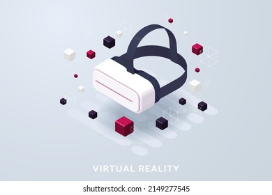 Experience limitless virtual reality technology via virtual reality glasses with objects floating around For future users and digital devices. 3D isometric vector illustration.