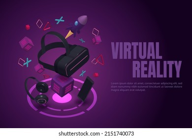 Experience limitless virtual reality technology via smartphone headphones and virtual reality glasses with objects floating around. 3D isometric vector illustration.