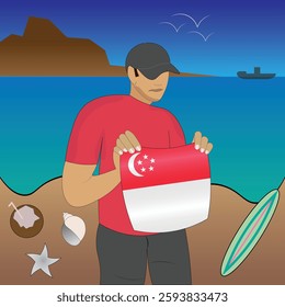 Experience Lion City coastal serenity with a touch of national pride. Stunning beachscape featuring the Singapore flag, coconut, seashells, starfish, surfboard, ship, and distant mountains