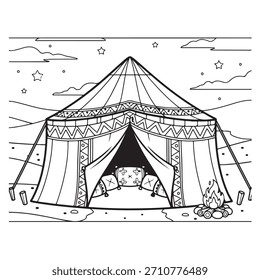 Experimente a magia das noites do deserto com esta encantadora cena do acampamento. Uma tenda maravilhosamente decorada convida ao relaxamento ao lado de uma fogueira quente sob um céu cheio de estrelas. Perfeito para histórias de aventura e projetos criativos.